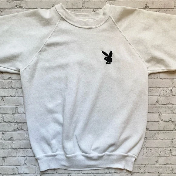 Vintage PLAYBOY White Sweater with Embroidered Black Icon - Picture 3 of 6
